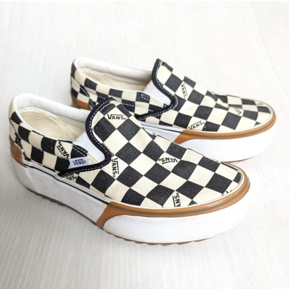 VANS Classic Slip-on black checkerboard platform chunky sneakers stackform